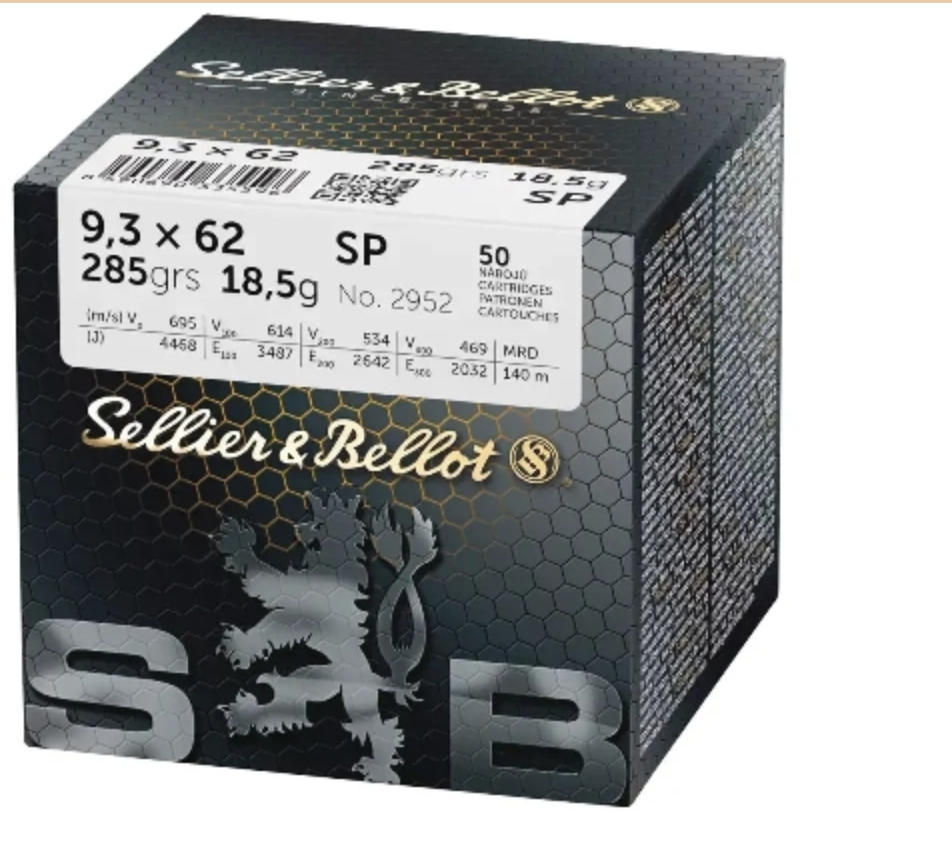 S&B Sellier & Bellot 9.3x62 Mauser 285 grain SP Ammo 50 rd